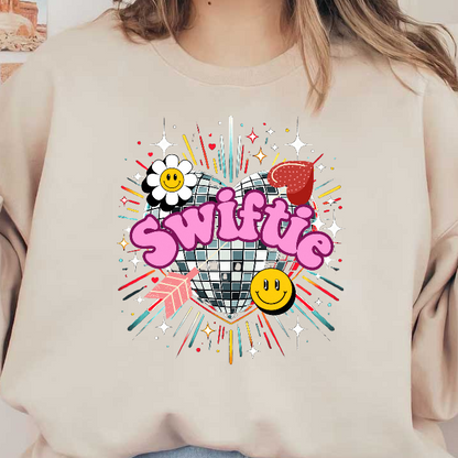 A vibrant and playful design featuring the word "Swiftie" with a disco heart, smiley faces, flowers, and colorful accents.DTF Transfers