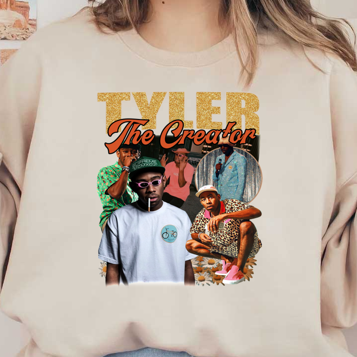 A vibrant collage featuring Tyler, The Creator, showcasing his distinctive fashion style and diverse looks across various performances.DTF Transfers heat press transfers