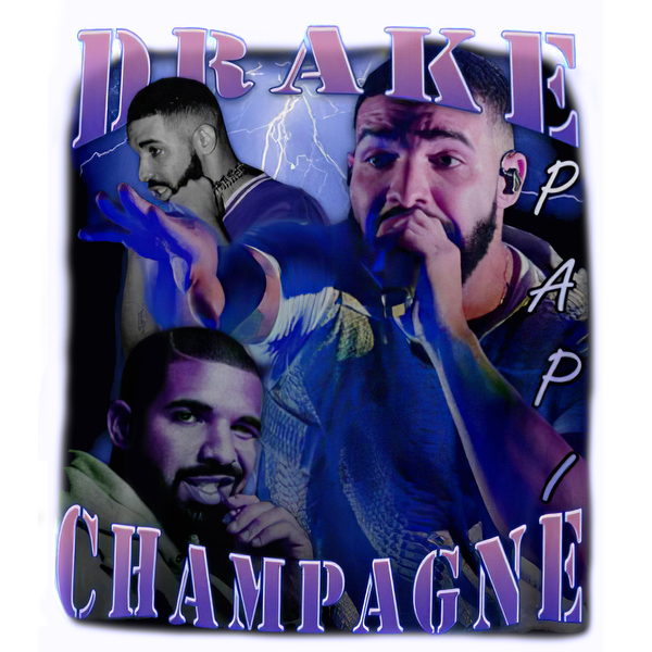 A vibrant collage featuring multiple images of Drake, highlighted by bold text and dynamic colors, celebrating his musical persona.DTF Transfers dtf transfers