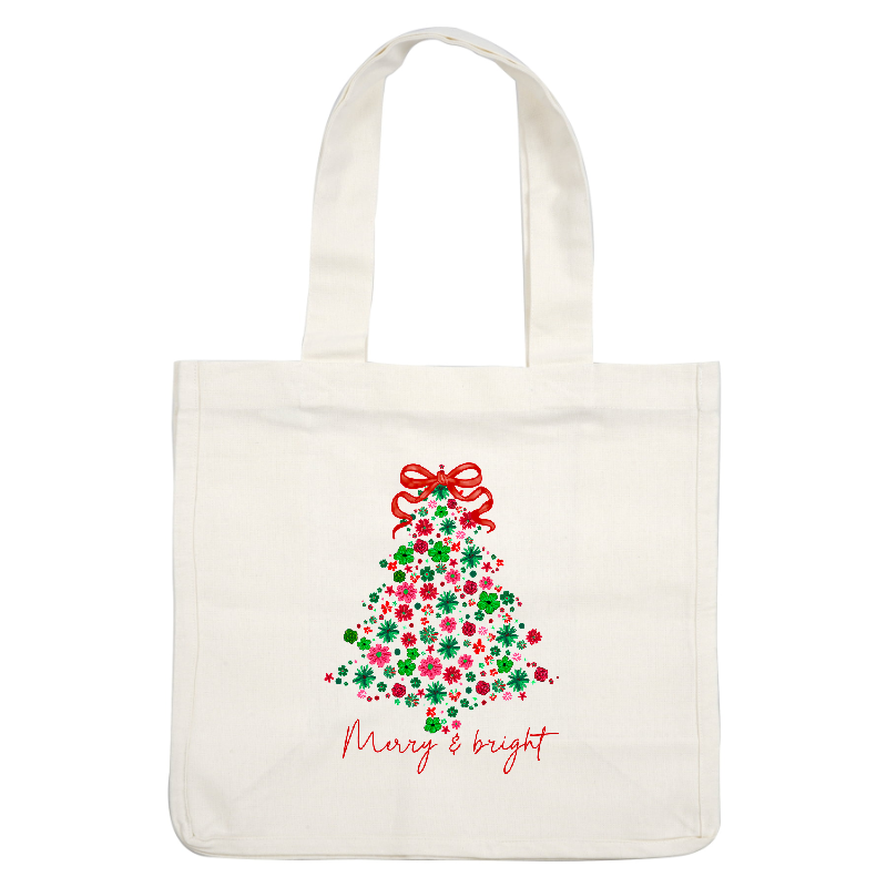 Festive floral Christmas tree adorned with a cheerful red bow and "Merry & bright".DTF Transfers