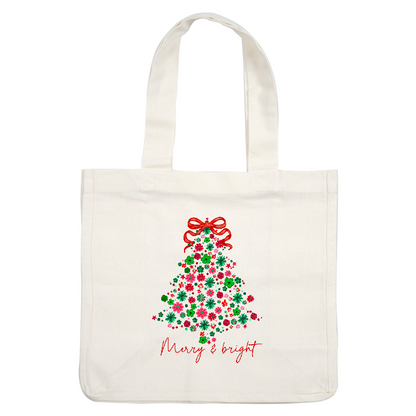 Festive floral Christmas tree adorned with a cheerful red bow and "Merry & bright".DTF Transfers