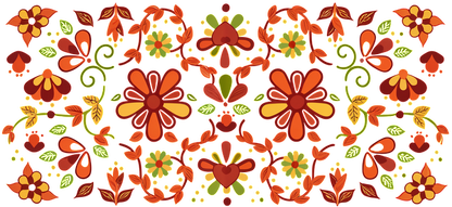 A vibrant floral pattern featuring orange and green flowers with swirling vines, perfect for autumn décor or textile designs.UV Transfers dtf prints