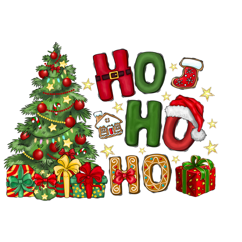 A festive illustration featuring a decorated Christmas tree, colorful gifts, and playful "HO HO HO" letters with holiday accents.DTF Transfers dtf prints