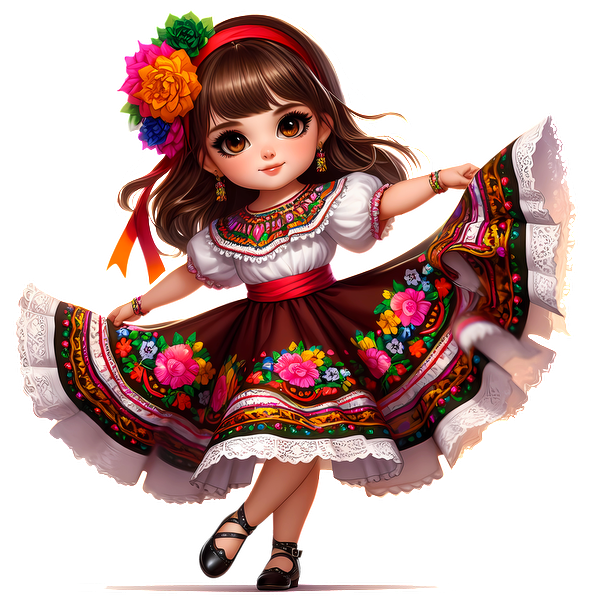 Una encantadora niña gira con un colorido vestido tradicional bordado con flores vibrantes y cintas en el cabello.