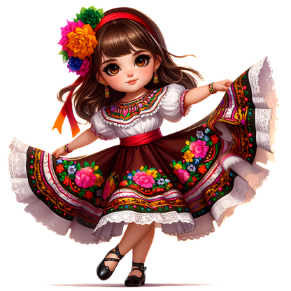 Una encantadora niña gira con un colorido vestido tradicional bordado con flores vibrantes y cintas en el cabello.