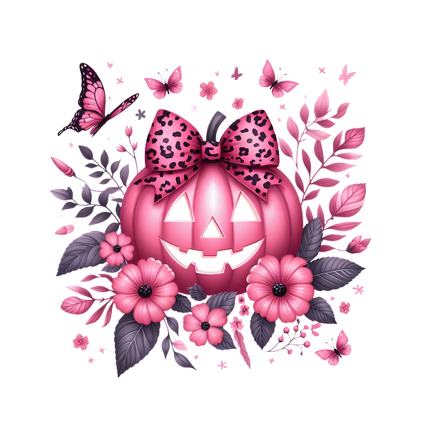 A playful pink pumpkin with a leopard print bow, surrounded by vibrant flowers and butterflies, perfect for a whimsical Halloween theme. heat press transfersdtf regular iron