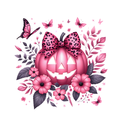 A playful pink pumpkin with a leopard print bow, surrounded by vibrant flowers and butterflies, perfect for a whimsical Halloween theme. heat press transfersdtf regular iron