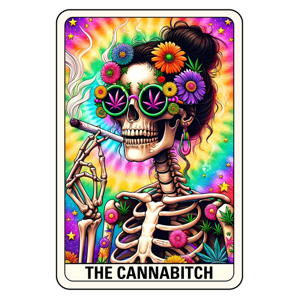 Una ilustración vibrante y caprichosa de una mujer esqueleto adornada con flores y gafas de sol, fumando, titulada "The Cannabitch".