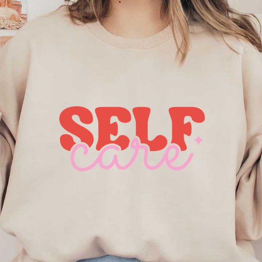 Diseño tipográfico "SELF care" brillante y divertido, con letras rojas en negrita y un estilo cursivo rosa caprichoso.