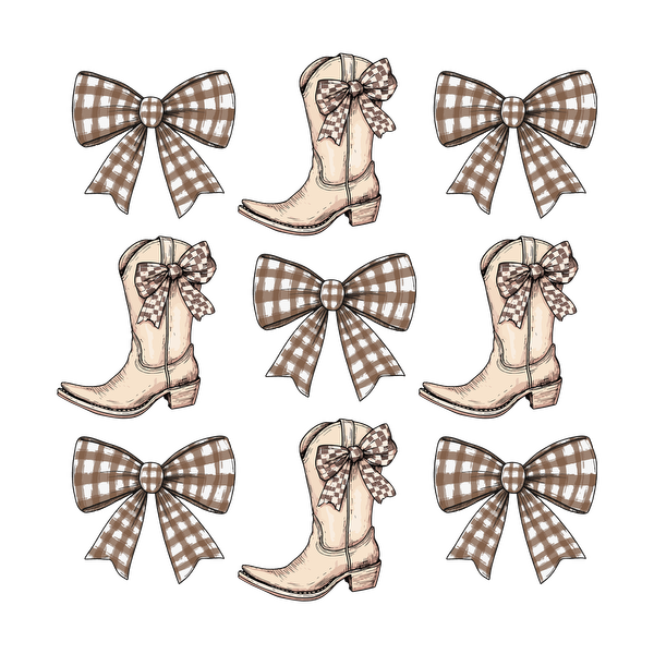 This charming pattern features beige cowboy boots adorned with stylish brown checkered bows, perfect for a rustic aesthetic.