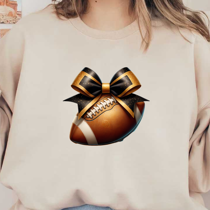 A festive brown football adorned with an elegant black and gold bow, perfect for sports lovers celebrating a special occasion.DTF Transfersdtf regular iron