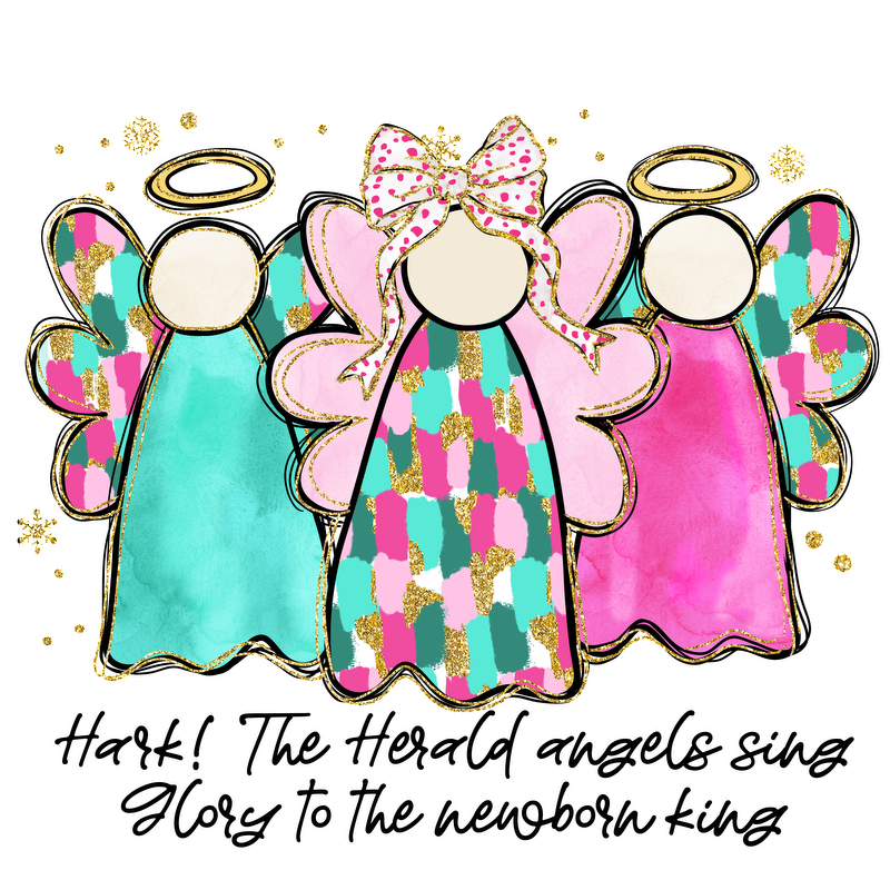 Three colorful, whimsical angel figures with adorable wings and bows, featuring bright patterns and a touch of glitter.DTF Transfers