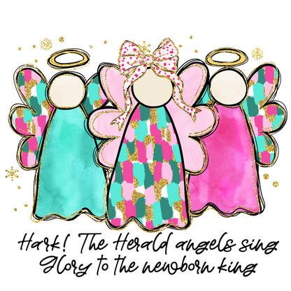 Three colorful, whimsical angel figures with adorable wings and bows, featuring bright patterns and a touch of glitter.DTF Transfers