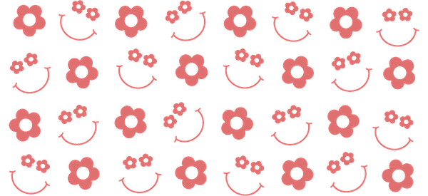 A cheerful pattern featuring pink flowers and smiley faces, perfect for adding a playful touch to any design.UV Transfers heat press transfers