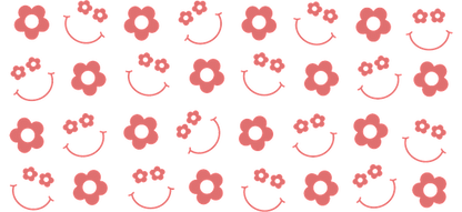 A cheerful pattern featuring pink flowers and smiley faces, perfect for adding a playful touch to any design.UV Transfers heat press transfers