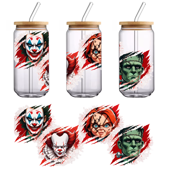 A dynamic illustration featuring four iconic horror characters: the Joker, Pennywise, Chucky, and Frankenstein, each depicted with vibrant details.UV Transfers heat press transfers