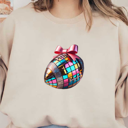 A vibrant, disco-themed egg decorated with colorful mosaic tiles and a large pink bow on top. dtf transfers