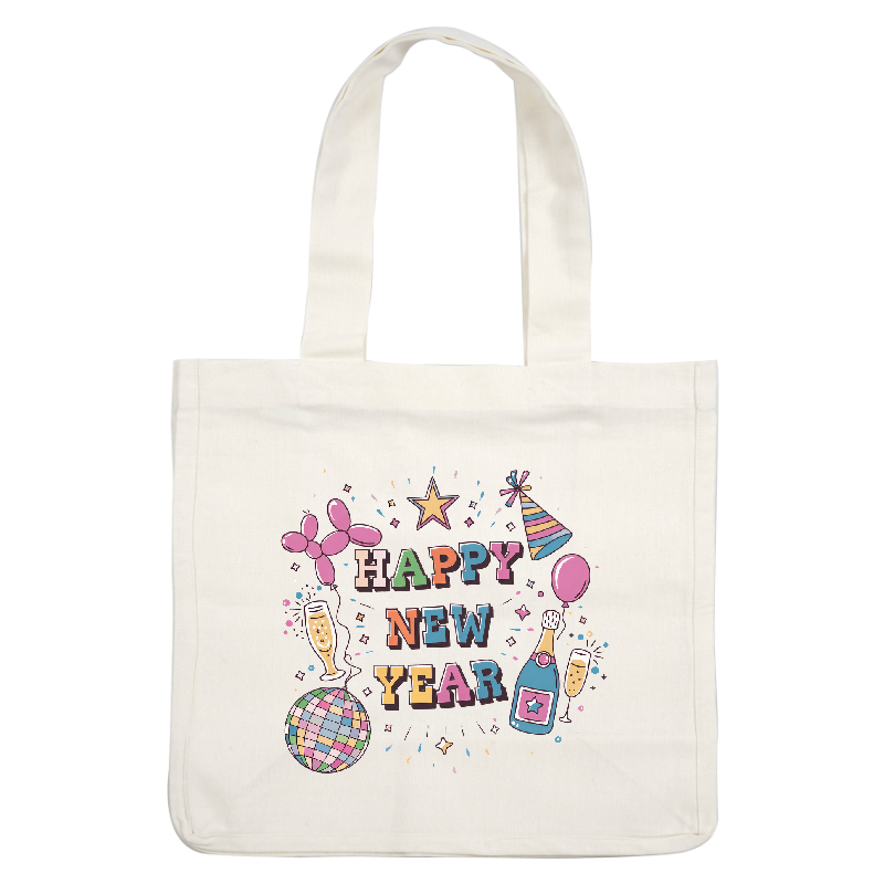 Celebrate the occasion with this festive "Happy New Year" design featuring colorful balloons, a disco ball, and sparkling drinks!DTF Transfers