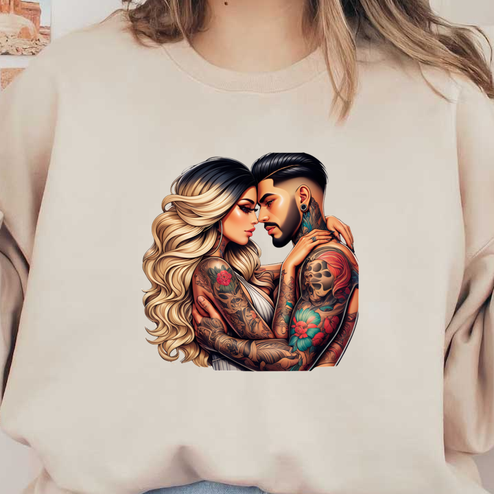 This captivating illustration features a couple embracing, showcasing intricate tattoos and stylish hairstyles, symbolizing love and artistry.DTF Transfers