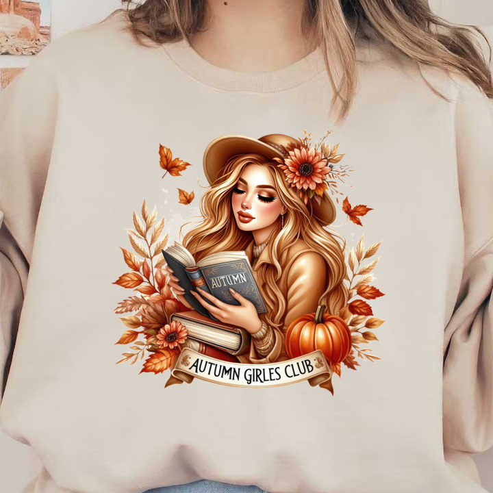 Cozy autumn illustration featuring a girl in a hat reading a book, surrounded by sunflowers, leaves, and a pumpkin. heat press transfers