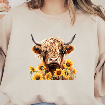 Una encantadora vaca de las Highlands rodeada de vibrantes girasoles, que muestra su esponjoso pelaje dorado y su expresión gentil.