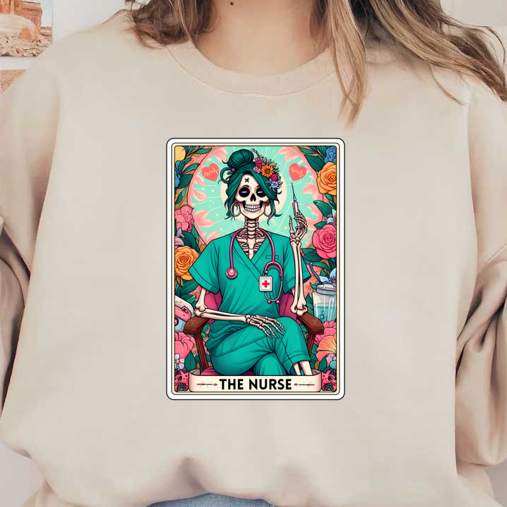 Una ilustración vibrante de una enfermera esqueleto con uniforme médico, adornada con flores, sosteniendo una jeringa y rodeada de rosas de colores.