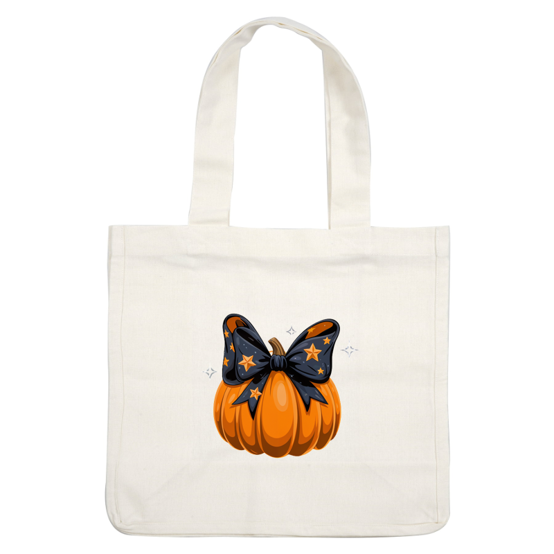 ¡Una linda calabaza naranja adornada con un lazo estrellado negro, perfecta para decoraciones de Halloween y ambiente festivo!