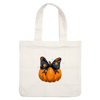 ¡Una linda calabaza naranja adornada con un lazo estrellado negro, perfecta para decoraciones de Halloween y ambiente festivo!