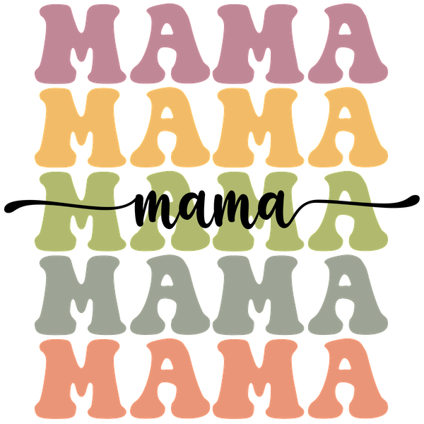 A colorful and playful design featuring the word "MAMA" in various hues, perfect for celebrating motherhood. heat press transfers