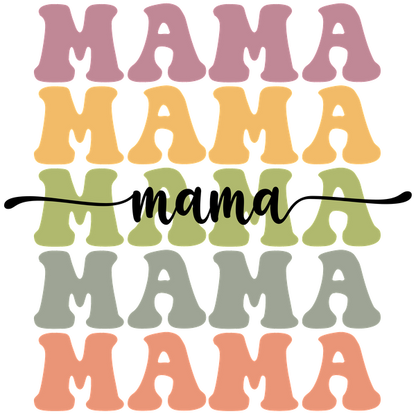 A colorful and playful design featuring the word "MAMA" in various hues, perfect for celebrating motherhood. heat press transfers