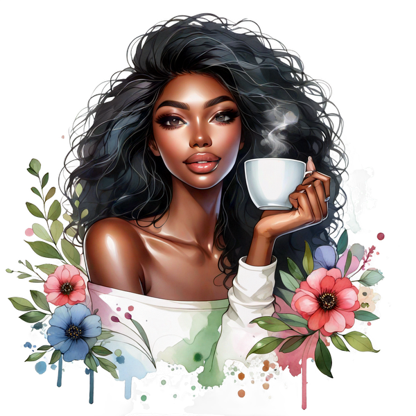 Una hermosa ilustración de una mujer con cabello rizado, disfrutando de una taza de café caliente en medio de coloridos acentos florales.