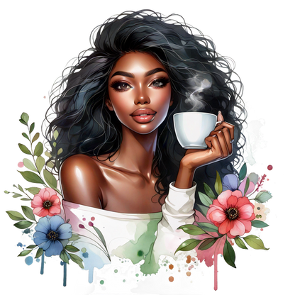 Una hermosa ilustración de una mujer con cabello rizado, disfrutando de una taza de café caliente en medio de coloridos acentos florales.