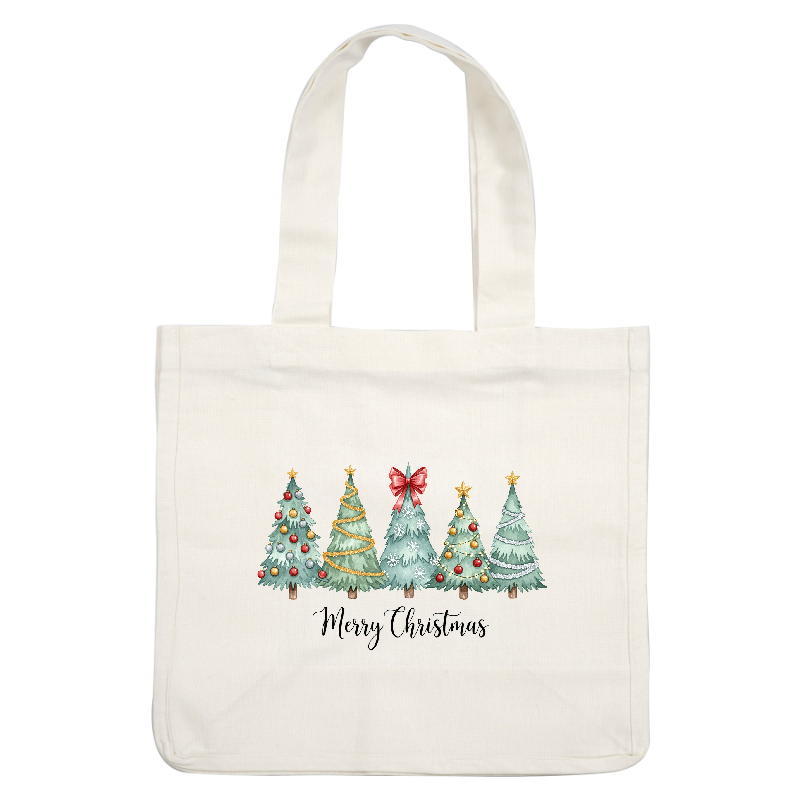 A festive illustration of five decorated Christmas trees with "Merry Christmas" written below.DTF Transfers