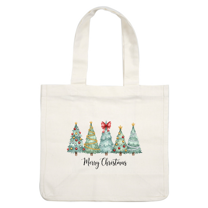 A festive illustration of five decorated Christmas trees with "Merry Christmas" written below.DTF Transfers