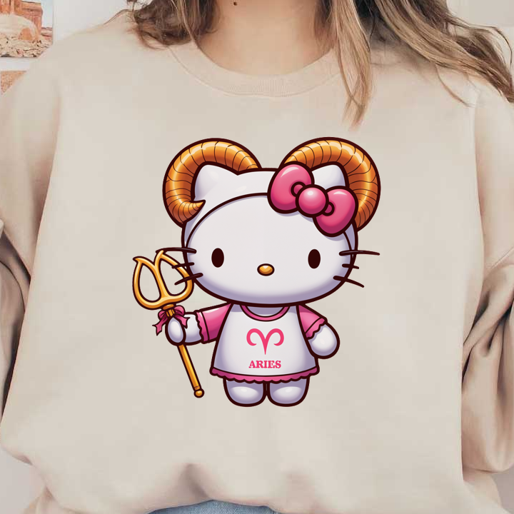 Cute Aries-themed Hello Kitty character featuring golden ram horns, a pink bow, and a trident, wearing a matching dress.DTF Transfers heat press transfers