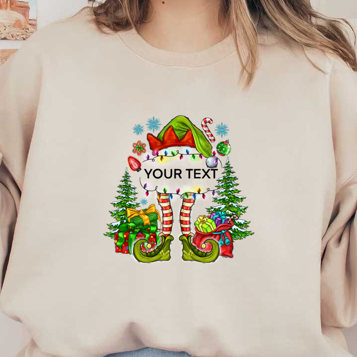 Festively designed, this cheerful Christmas elf features bright colors, striped legs, and surrounded by gifts and decorations.DTF Transfers heat press transfers heat press transfers