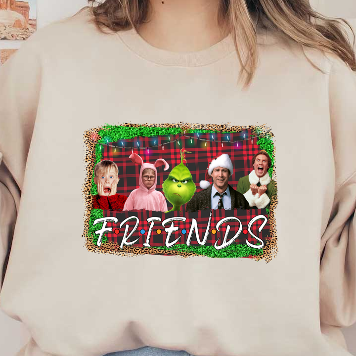 A festive gathering featuring characters in holiday attire, including the Grinch, surrounded by Christmas lights and a cheerful "FRIENDS" banner.DTF Transfersdtf regular iron dtf transfers