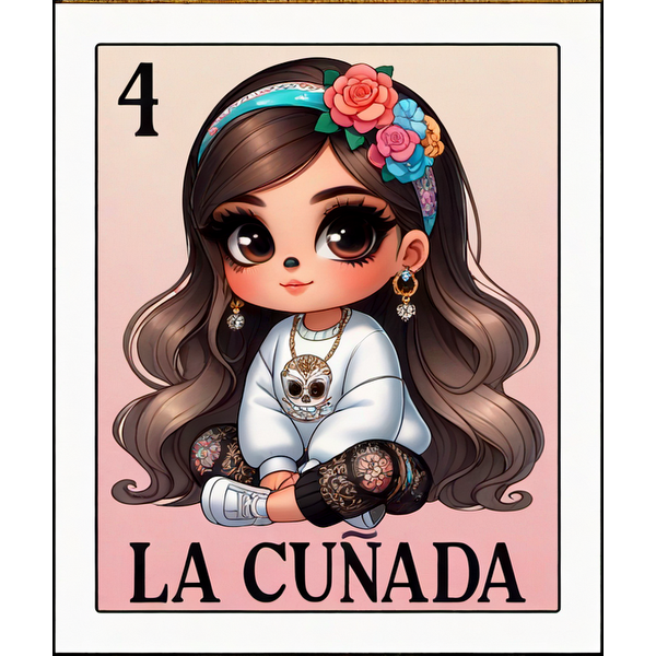 Un simpático personaje de dibujos animados con cabello largo y ondulado, que lleva una diadema floral y un atuendo elegante, titulado "La Cuñada".