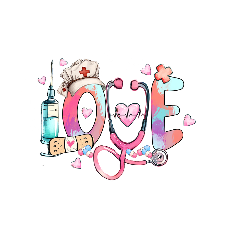 A vibrant and playful illustration spelling "LOVE" with medical elements like a syringe, stethoscope, and nurse's cap, adorned with hearts.DTF Transfers