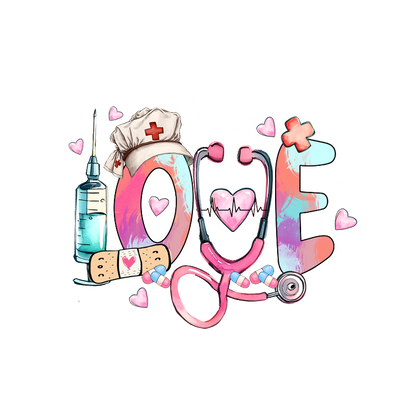 A vibrant and playful illustration spelling "LOVE" with medical elements like a syringe, stethoscope, and nurse's cap, adorned with hearts.DTF Transfers