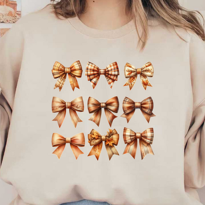 A collection of ten beautifully crafted decorative bows in warm autumn colors, featuring various patterns and textures.dtf regular iron