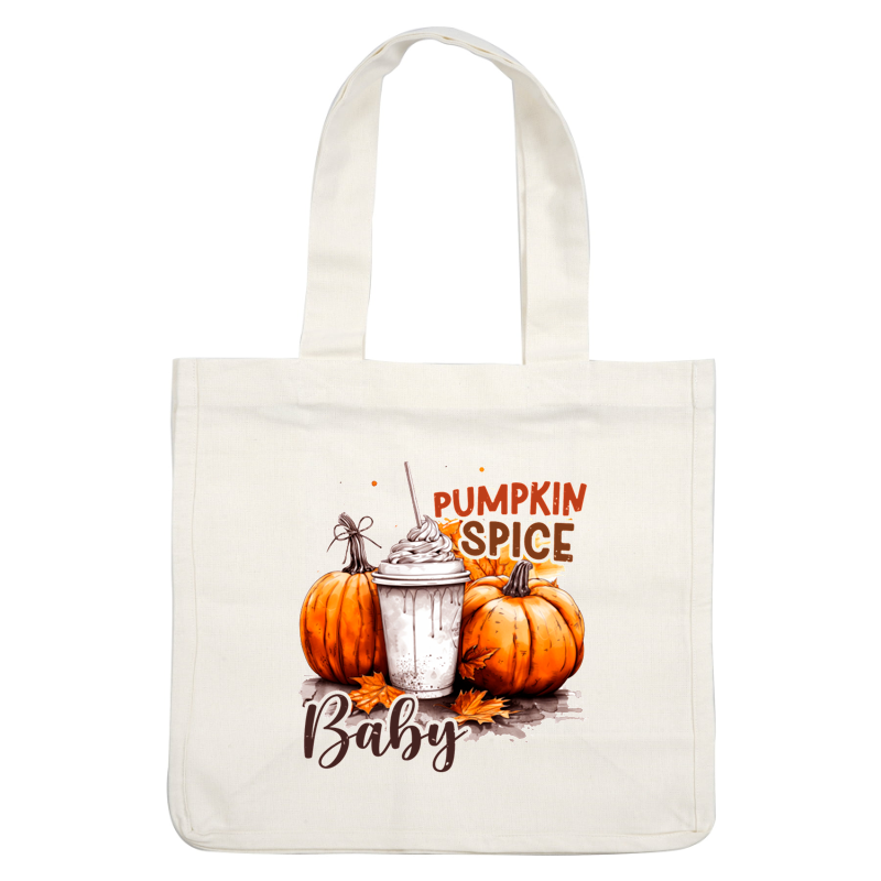 A festive illustration featuring a pumpkin spice drink surrounded by vibrant pumpkins and autumn leaves, perfect for fall vibes.dtf regular iron