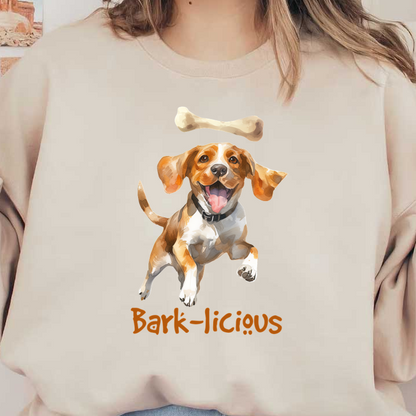 Un alegre Beagle salta de emoción por un hueso, mostrando un espíritu juguetón y el texto "Bark-licious" debajo.