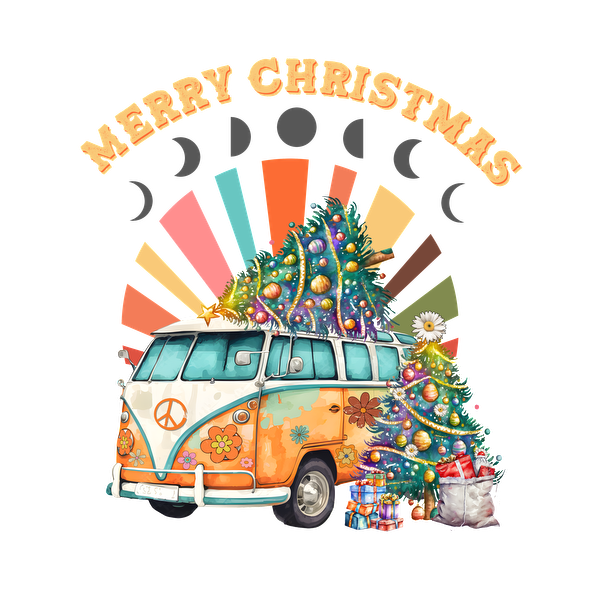 Festive illustration featuring a retro van adorned with Christmas trees and gifts, showcasing a joyful "Merry Christmas" greeting.dtf regular iron