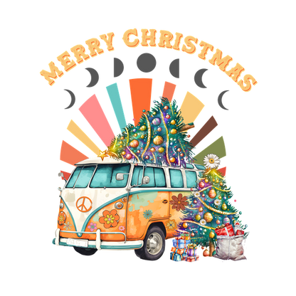 Festive illustration featuring a retro van adorned with Christmas trees and gifts, showcasing a joyful "Merry Christmas" greeting.dtf regular iron