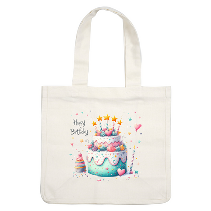 Celebrate with this delightful birthday cake featuring colorful frosting, stars, and candles, accompanied by a matching cupcake!DTF Transfers