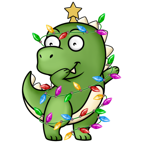 A cheerful green dinosaur adorned with colorful Christmas lights and a star on its head, bringing festive joy!dtf regular iron