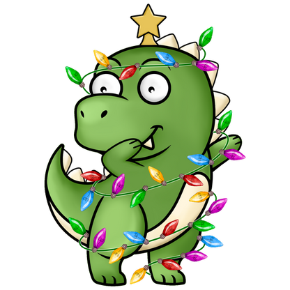 A cheerful green dinosaur adorned with colorful Christmas lights and a star on its head, bringing festive joy!dtf regular iron