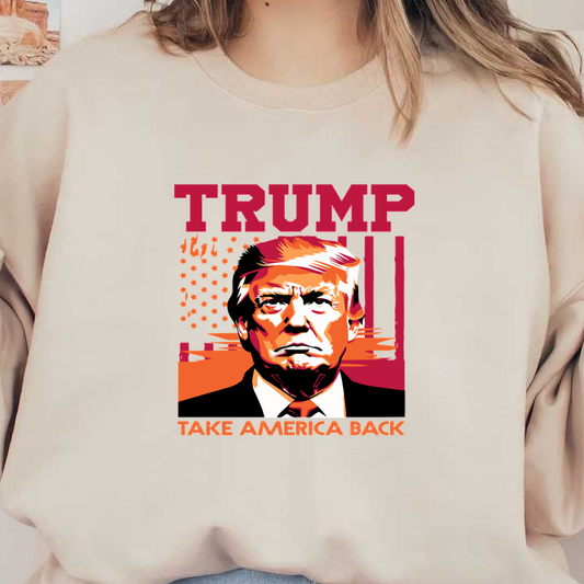 Gráfico audaz de una figura con el texto "TRUMP" y "TAKE AMERICA BACK", con colores vibrantes y un fondo con la bandera estadounidense.