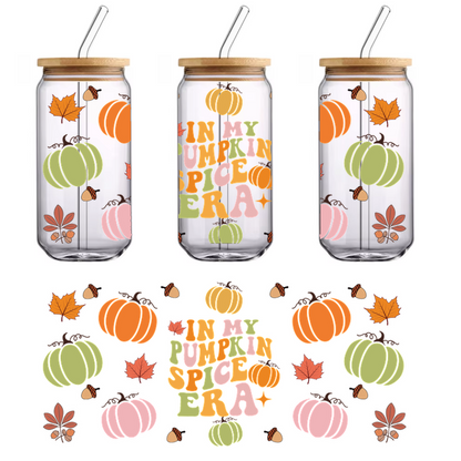 Colorful autumn-themed illustration featuring various pumpkins and leaves, accompanied by the playful phrase "In My Pumpkin Spice Era."UV Transfersdtf regular iron